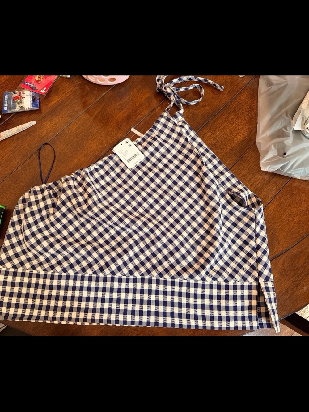 Free People Navy and White Gingham one shoulder tie Tank Top